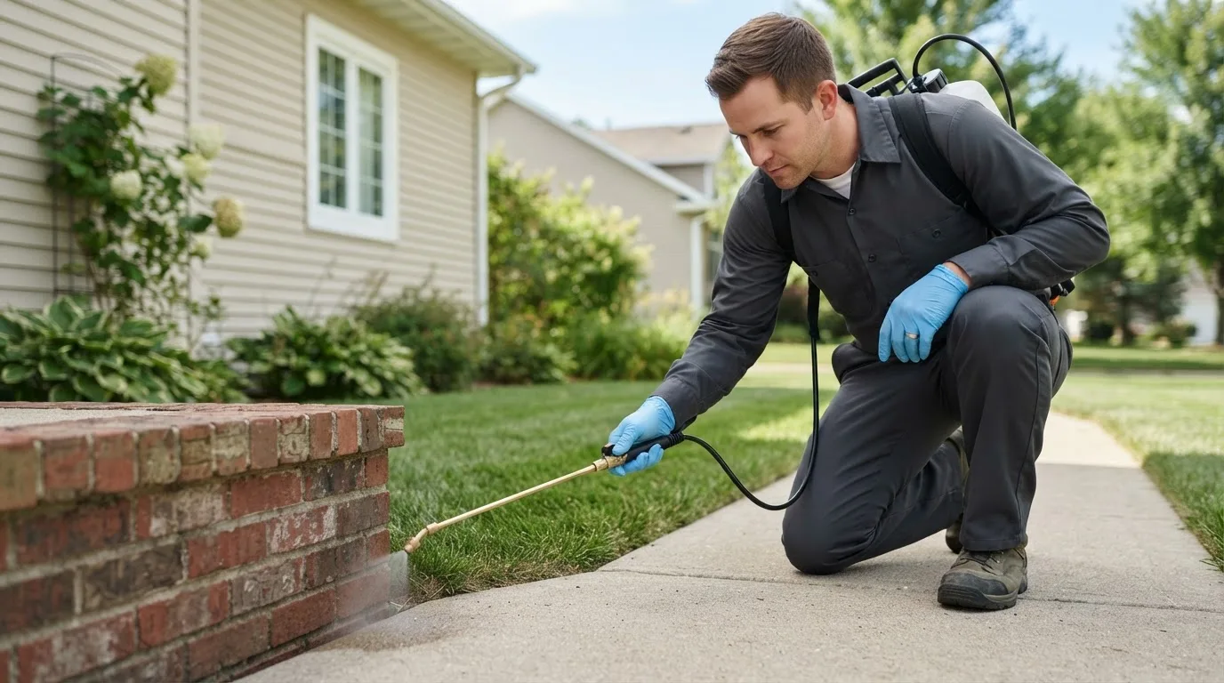 Pest control technician treating a home near Godwin, NC